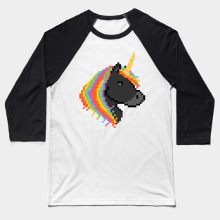 Pixel Black Unicorn with Rainbow Mane Baseball T-Shirt